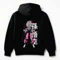 Black hoodie with a character design and text on the back against a white background