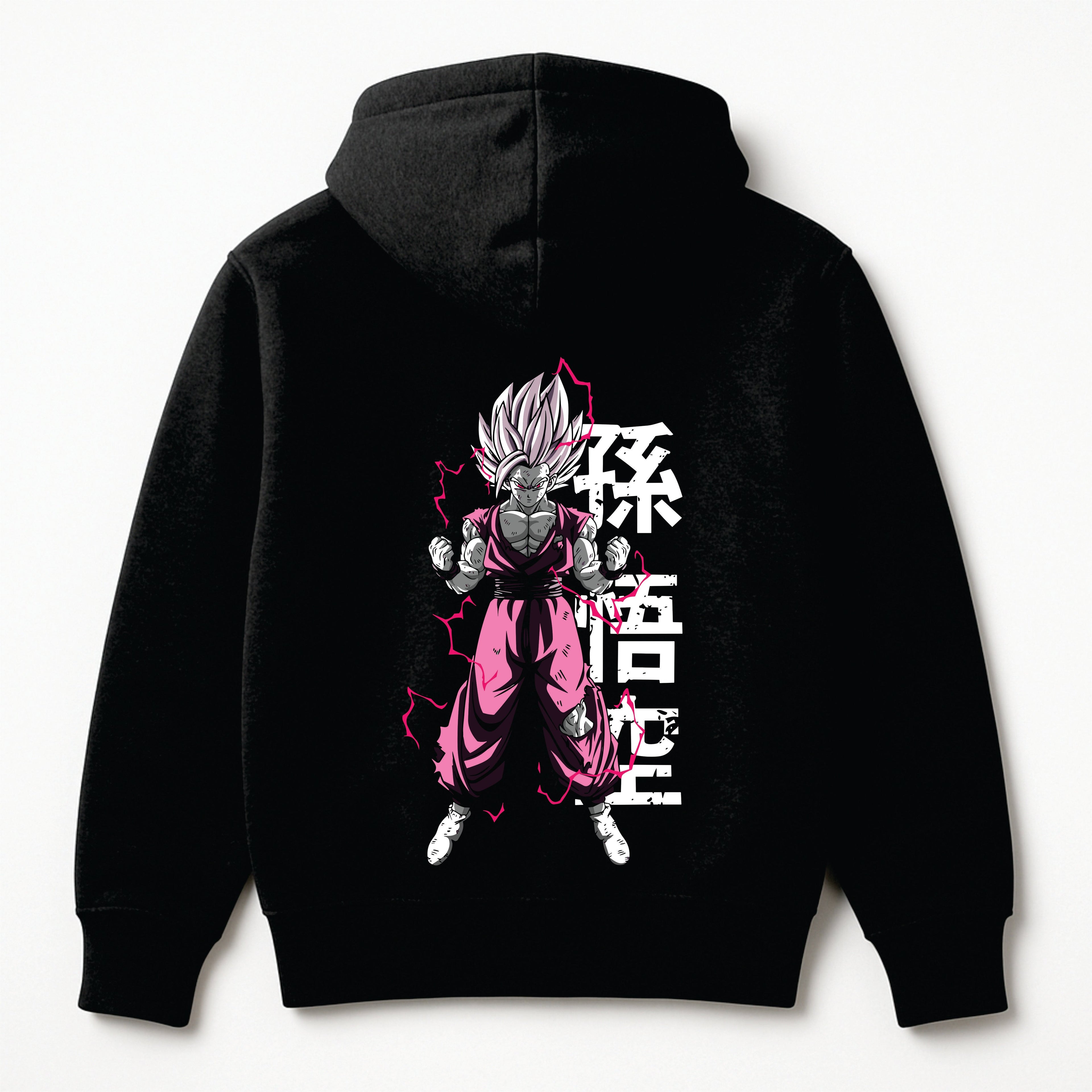Black hoodie with a character design and text on the back against a white background