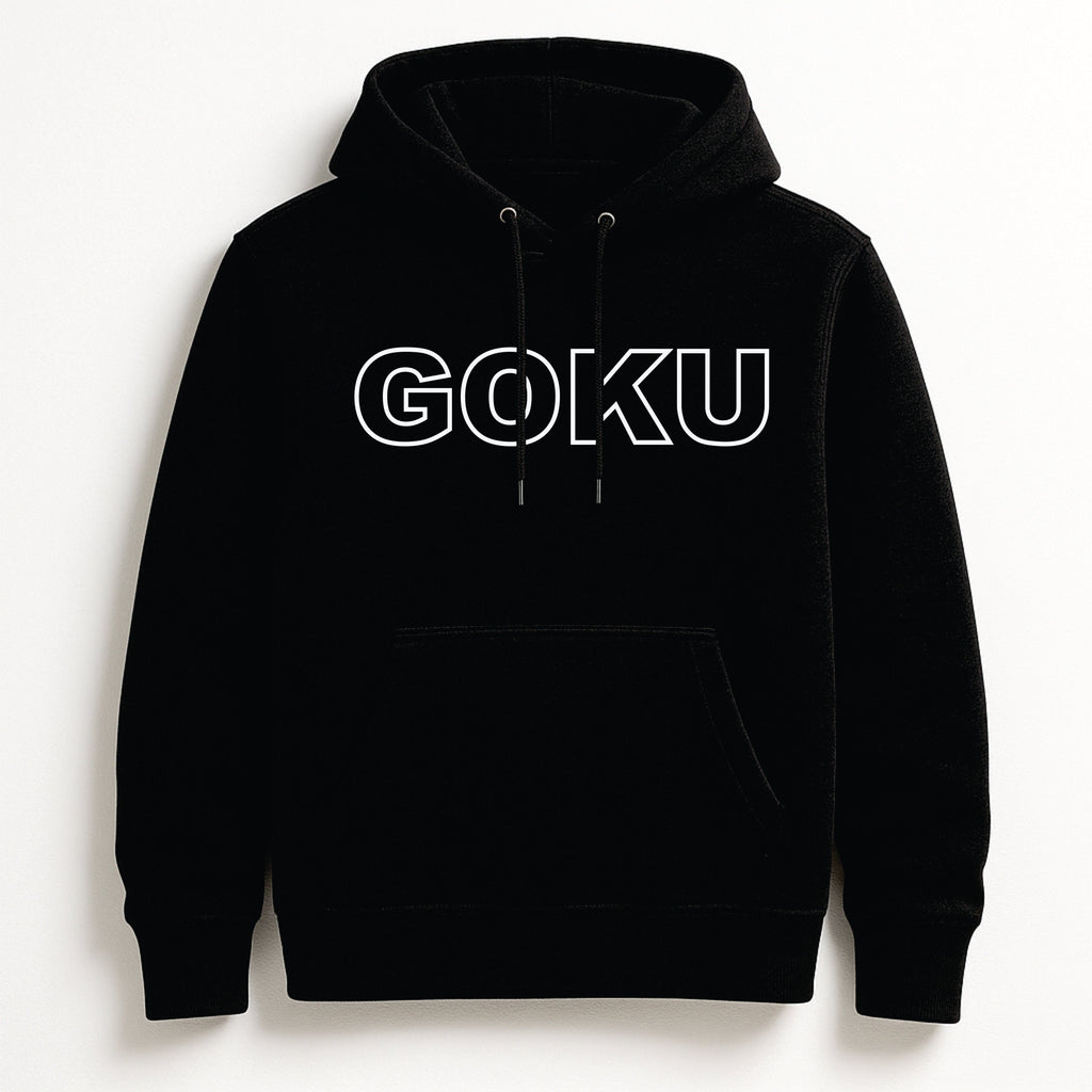 Black hoodie with 'GOKU' printed on it against a white background