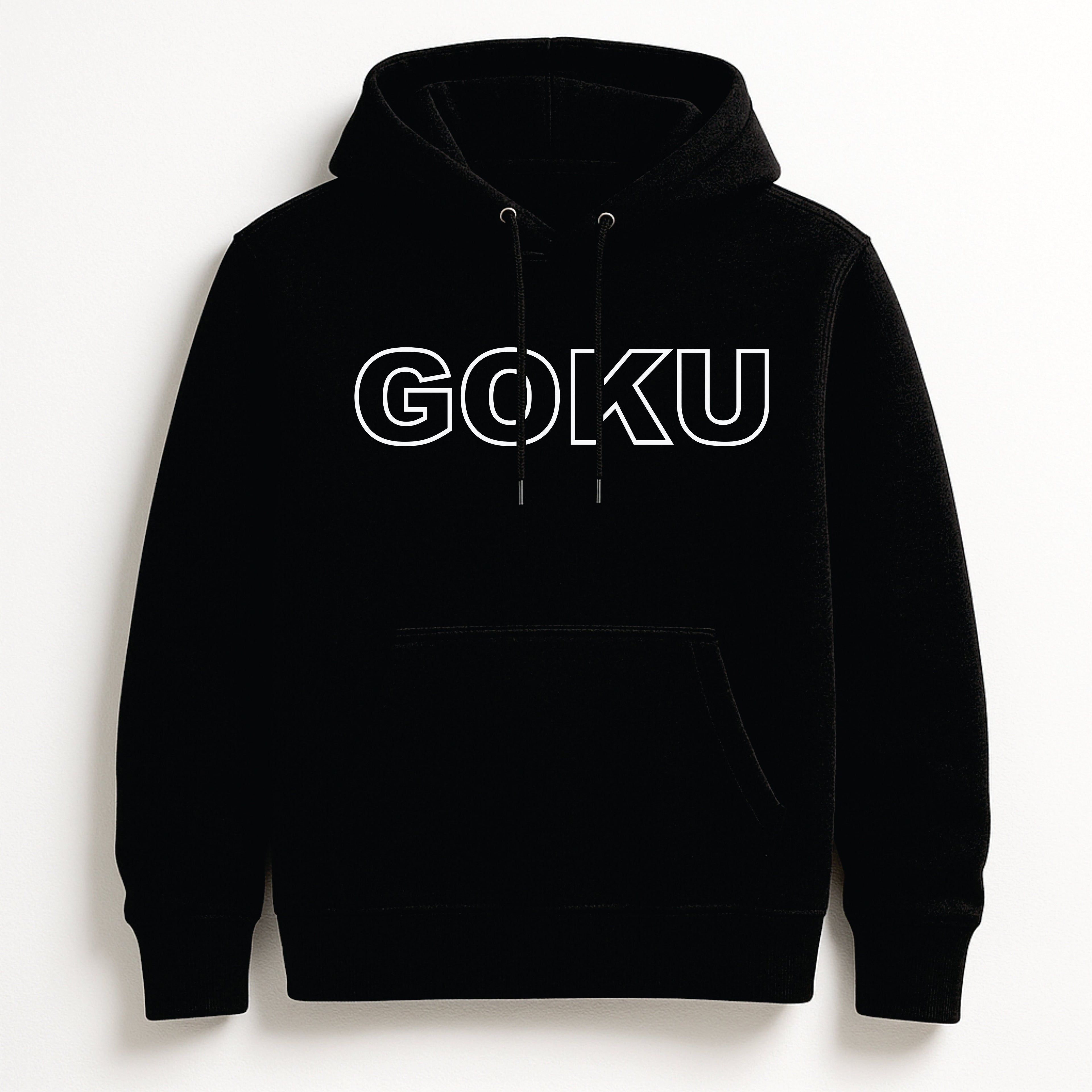 Black hoodie with 'GOKU' printed on it against a white background