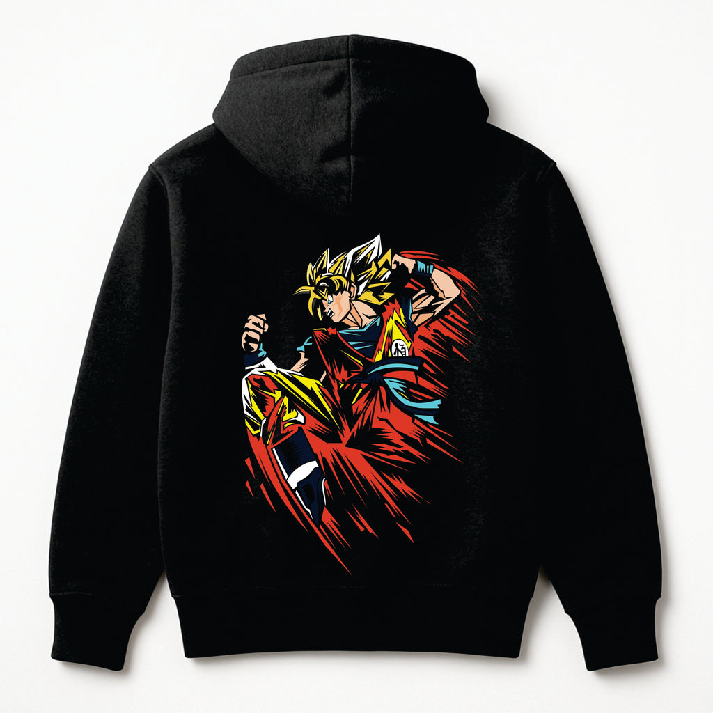 Black hoodie with colorful graphic design on the back against a white background