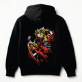 Black hoodie with colorful graphic design on the back against a white background