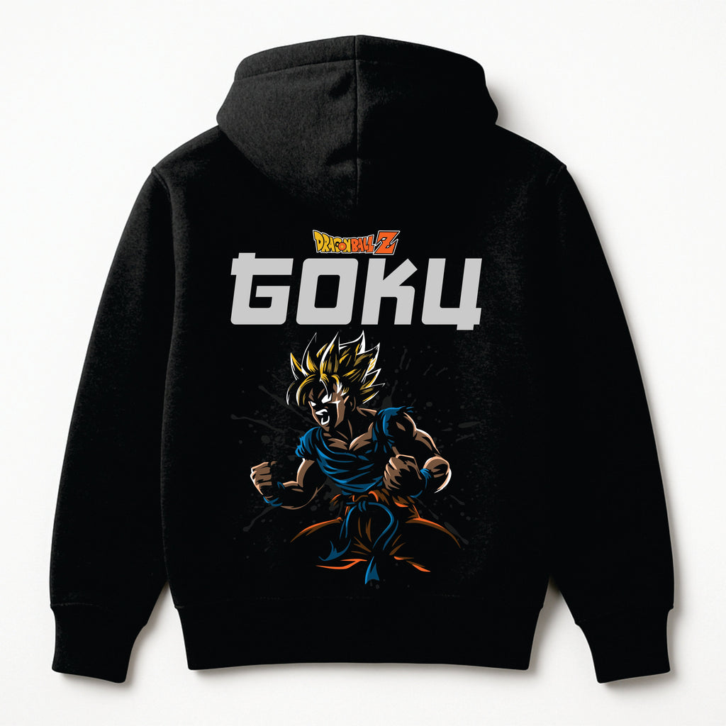 Black hoodie with 'Goku' graphic and character on the back against a white background