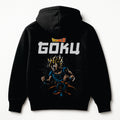 Black hoodie with 'Goku' graphic and character on the back against a white background