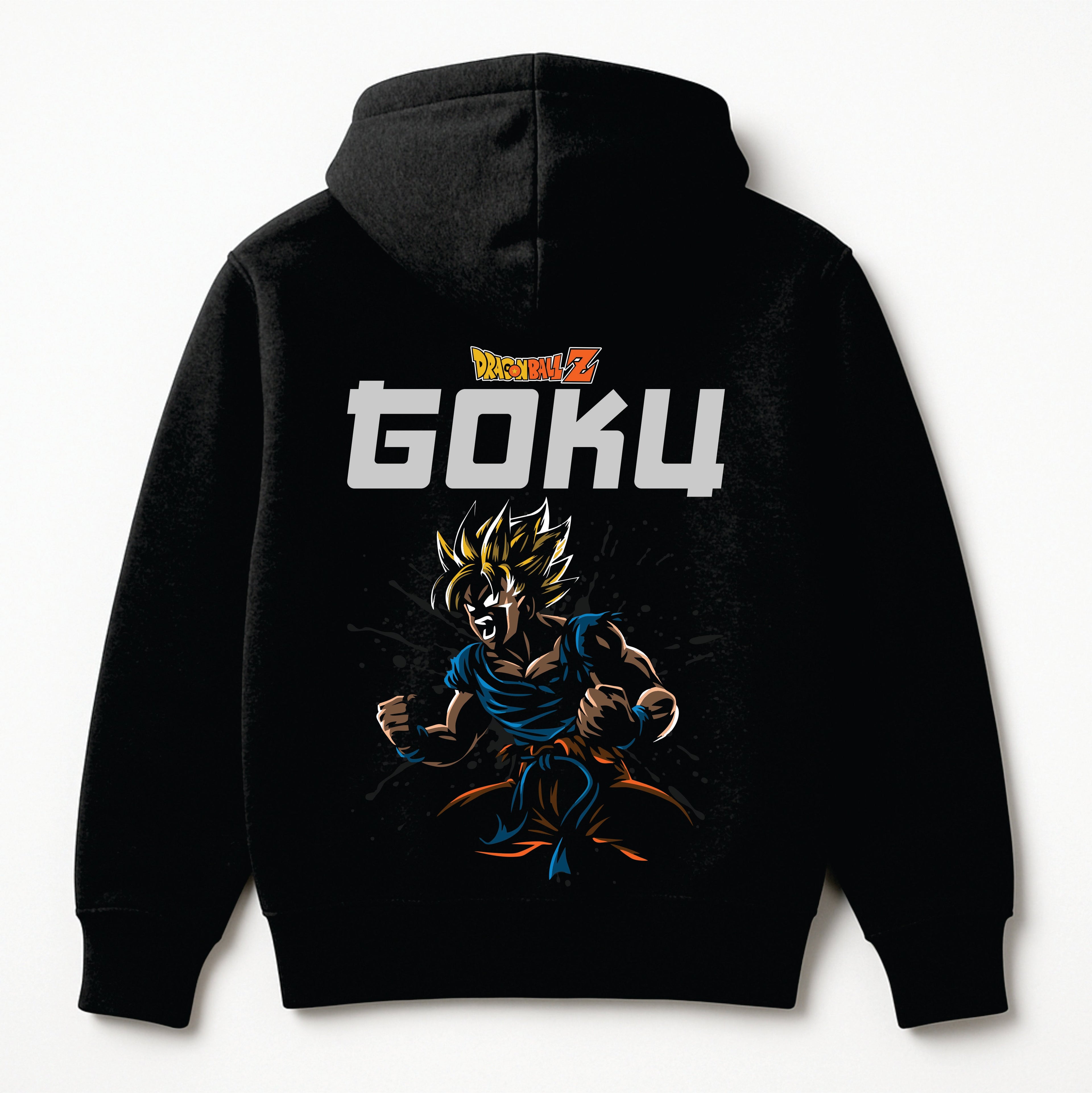 Black hoodie with 'Goku' graphic and character on the back against a white background