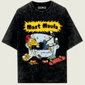 Black t-shirt with a graphic of a character lounging on a chair, eating pizza, and a skateboard, with 'Mast Maula' text and 'GOKU' branding.
