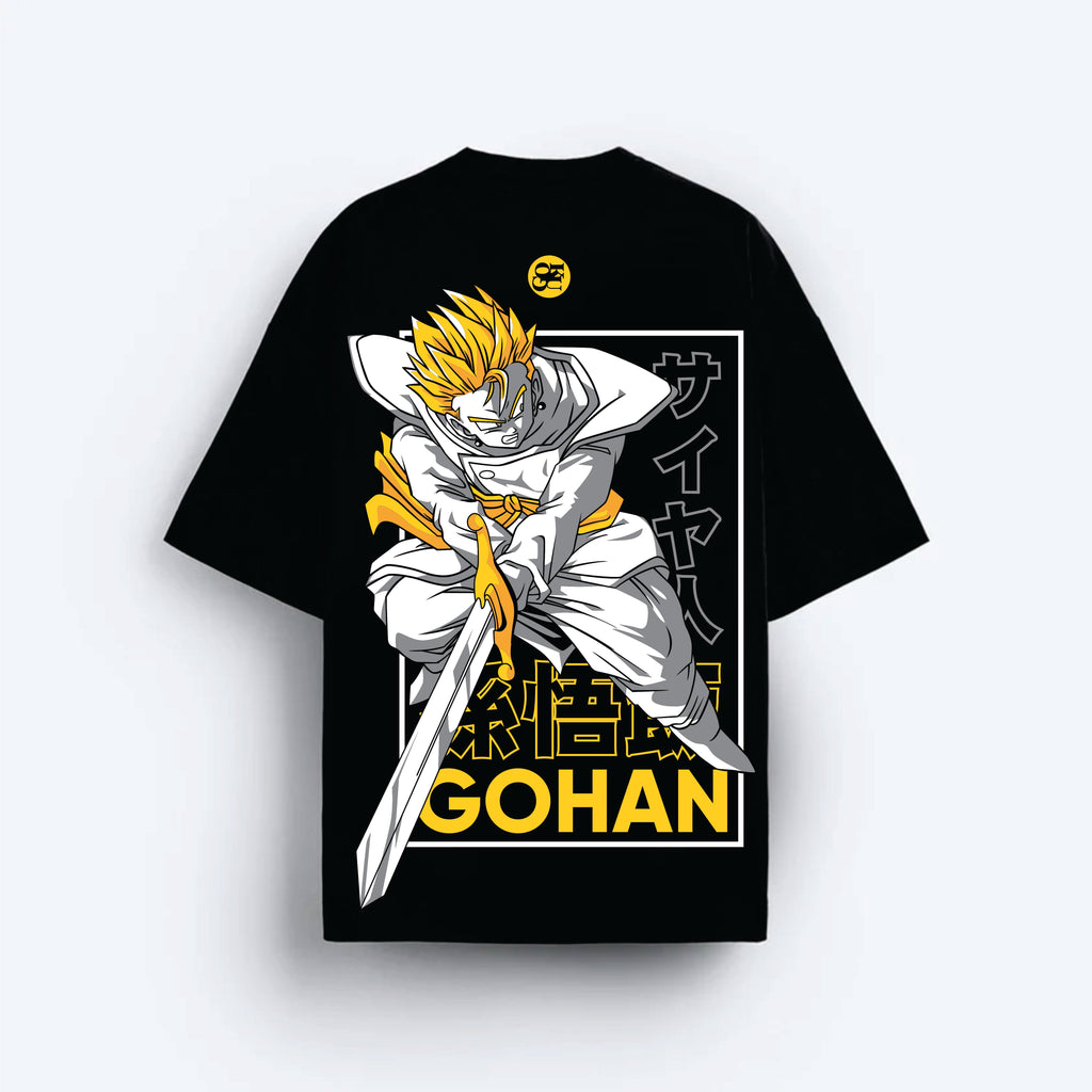 Black t-shirt with a graphic of a character holding a sword and 'Gohan' text on a white background