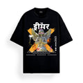 Black t-shirt with a graphic design featuring a warrior-like figure and text on a white background