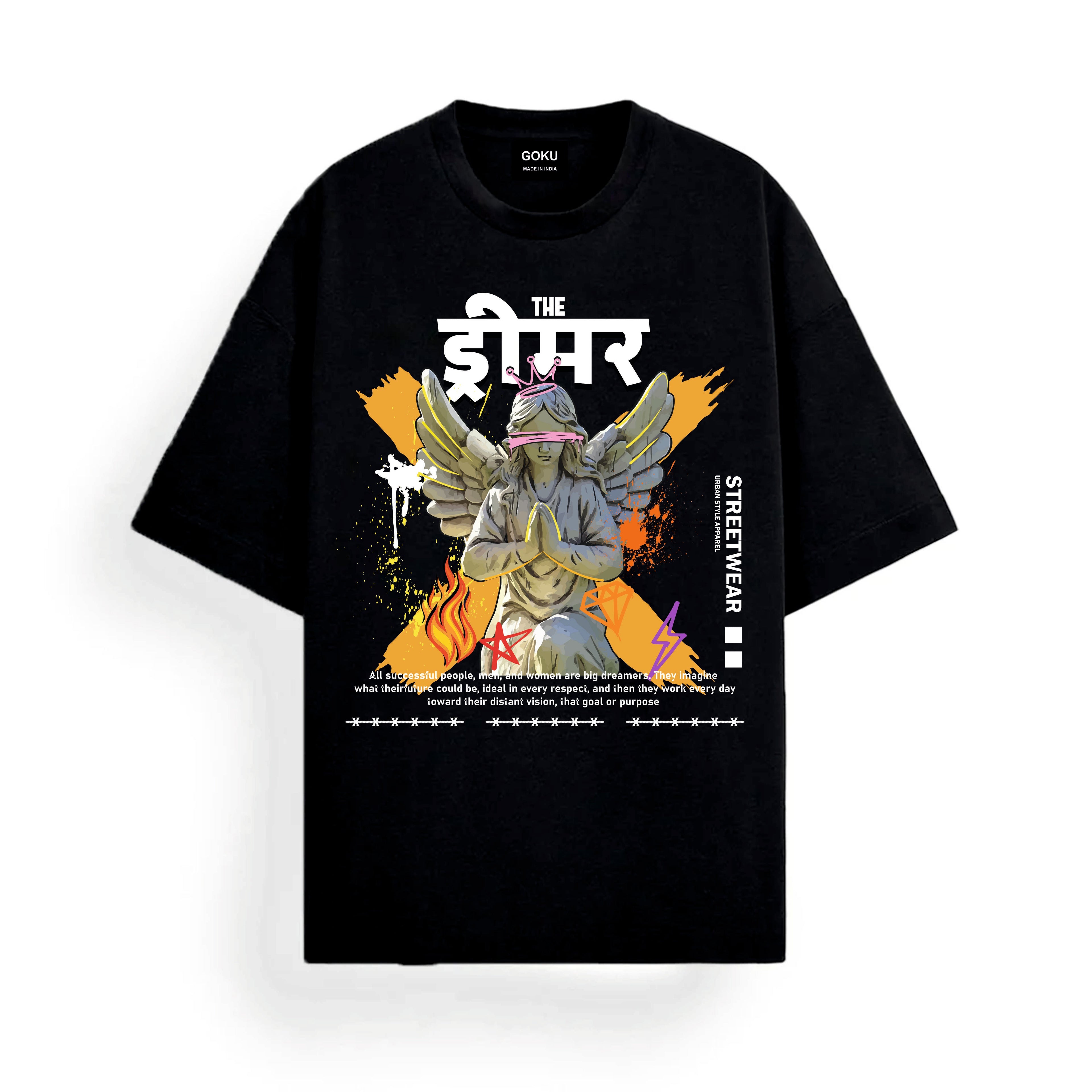 Black t-shirt with a graphic design featuring a warrior-like figure and text on a white background