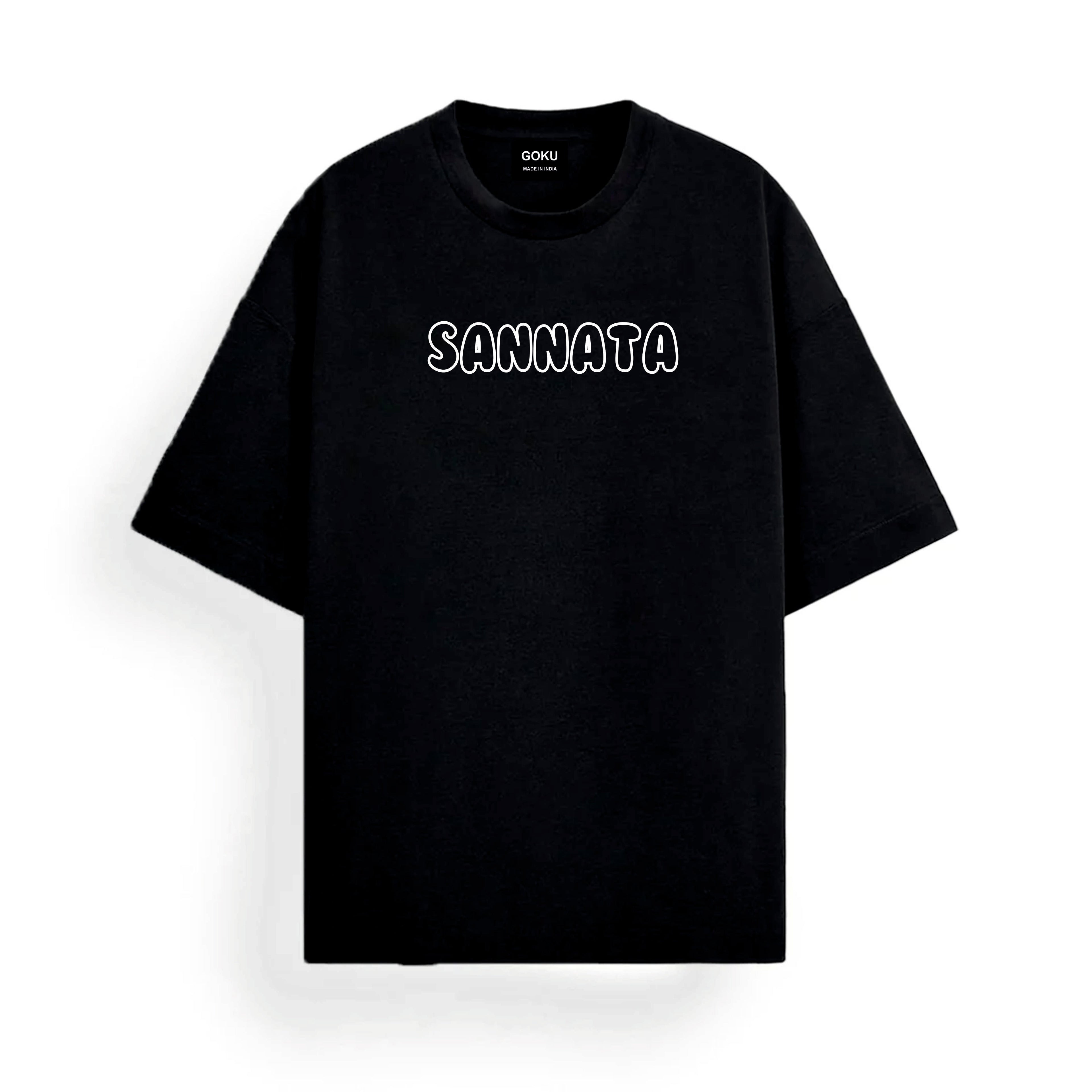 Black t-shirt with 'SANNATA' printed on it against a white background