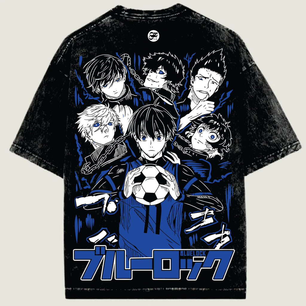 Black t-shirt with anime character design and 'Blue Lock' text on a beige background