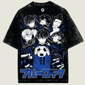 Black t-shirt with anime character design and 'Blue Lock' text on a beige background