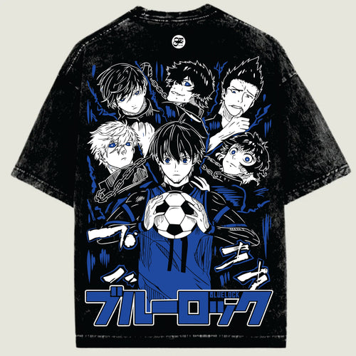 Black t-shirt with anime character design and 'Blue Lock' text on a beige background