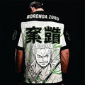 T-shirt with a graphic design of Rorona Zoro from One Piece on a black background