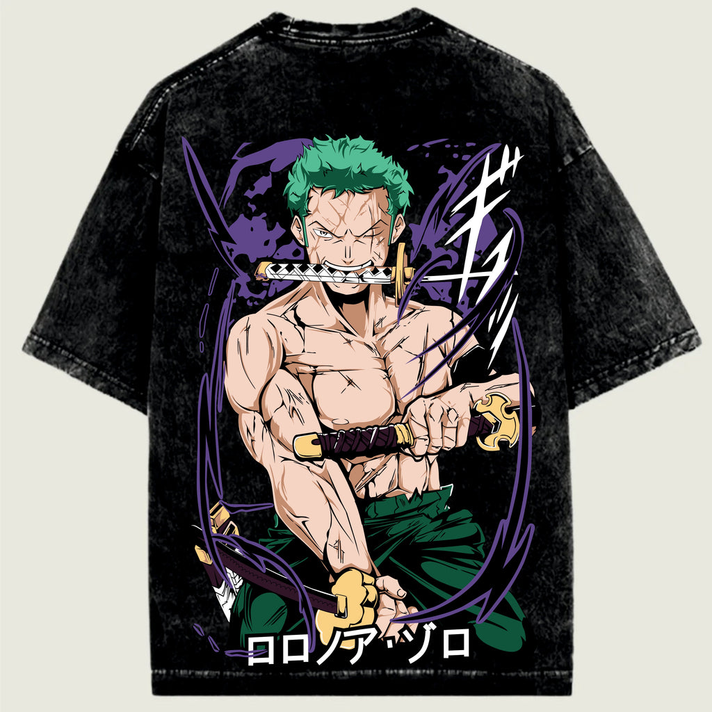 Black t-shirt with a colorful graphic of a character on the back, featuring green hair and a sword.