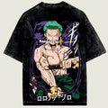 Black t-shirt with a colorful graphic of a character on the back, featuring green hair and a sword.