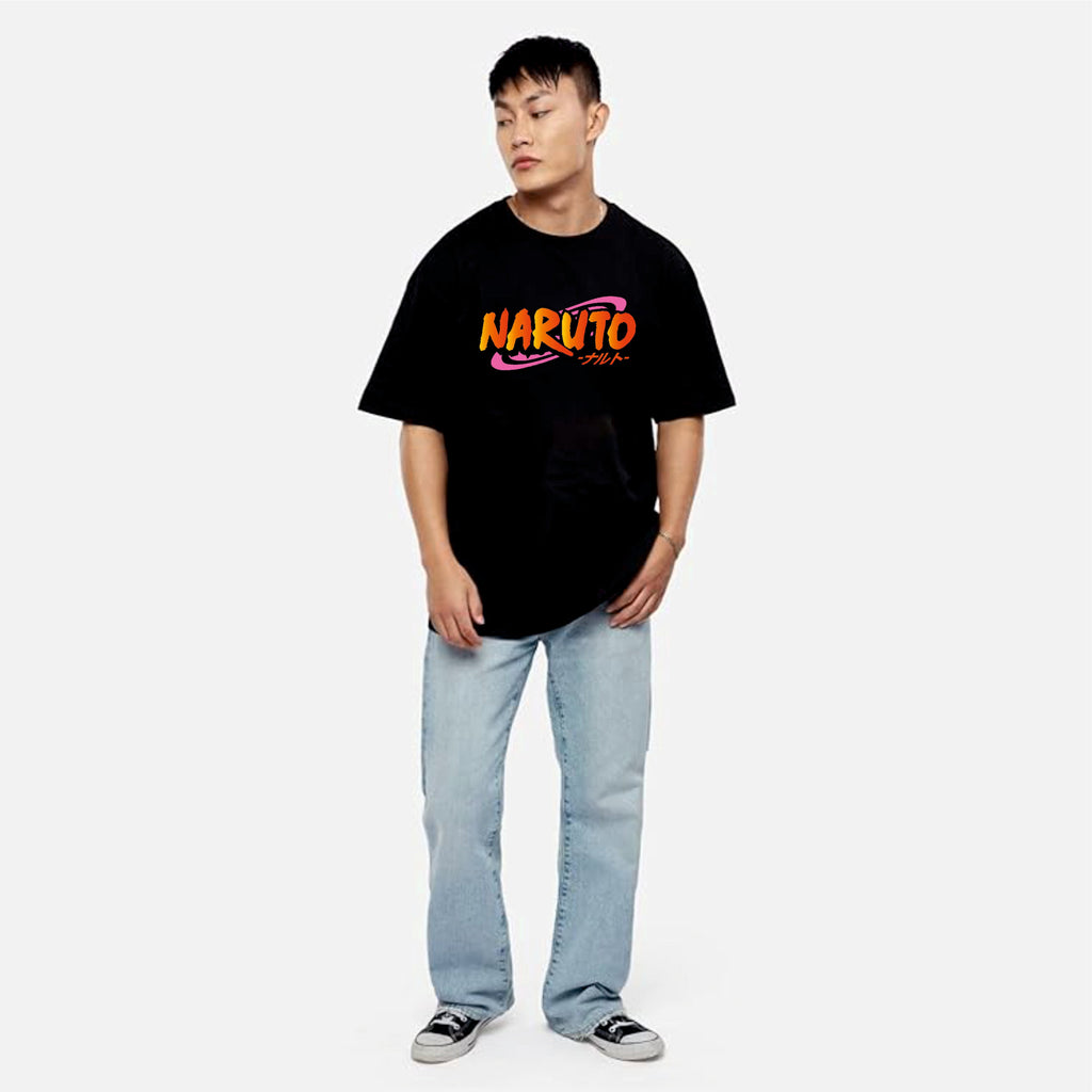 Person wearing a black 'Naruto' t-shirt on a white background