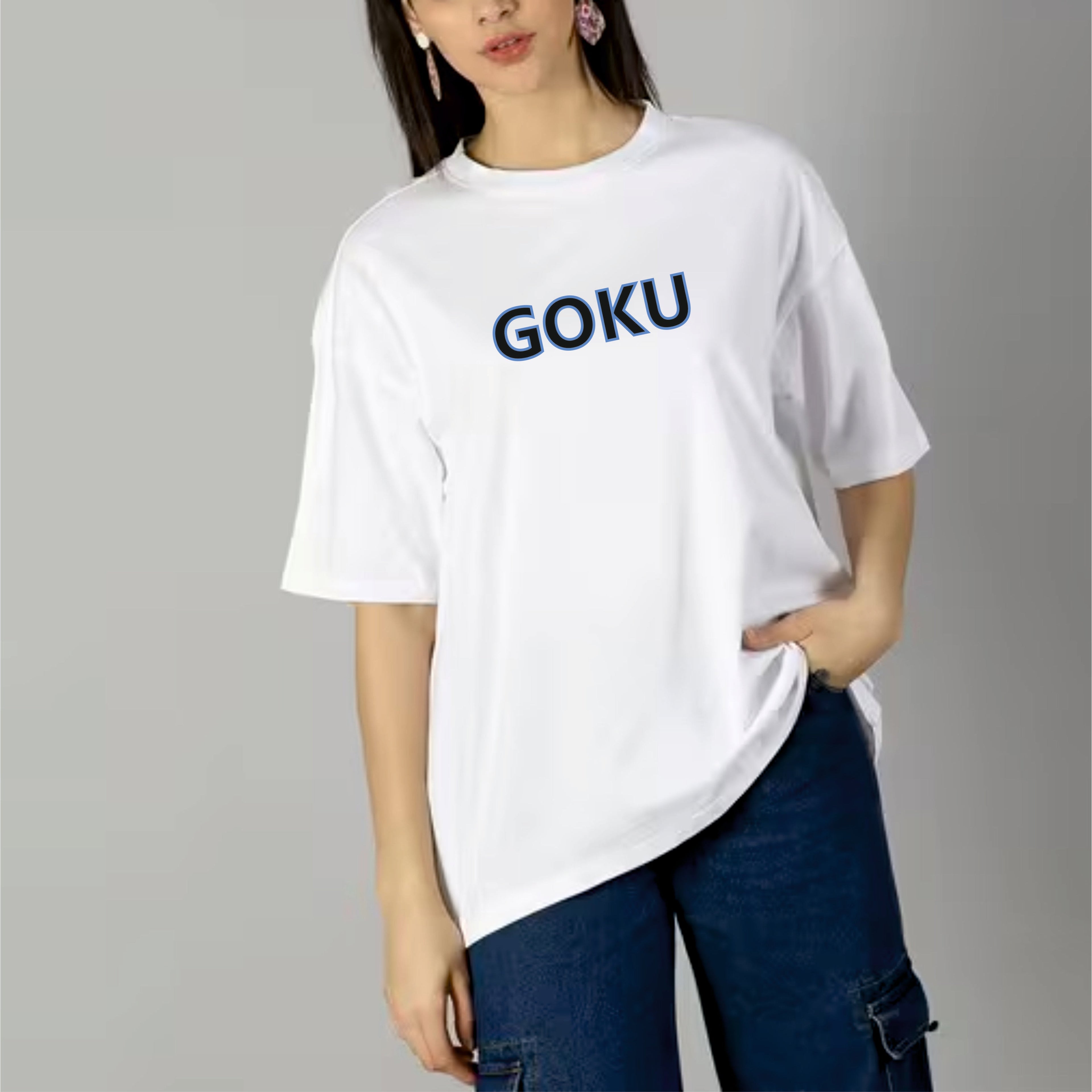 Person wearing a white t-shirt with 'GOKU' printed on it against a gray background