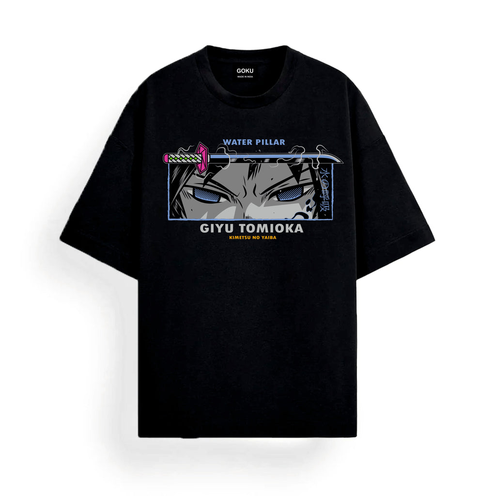 Black t-shirt with character graphic and text