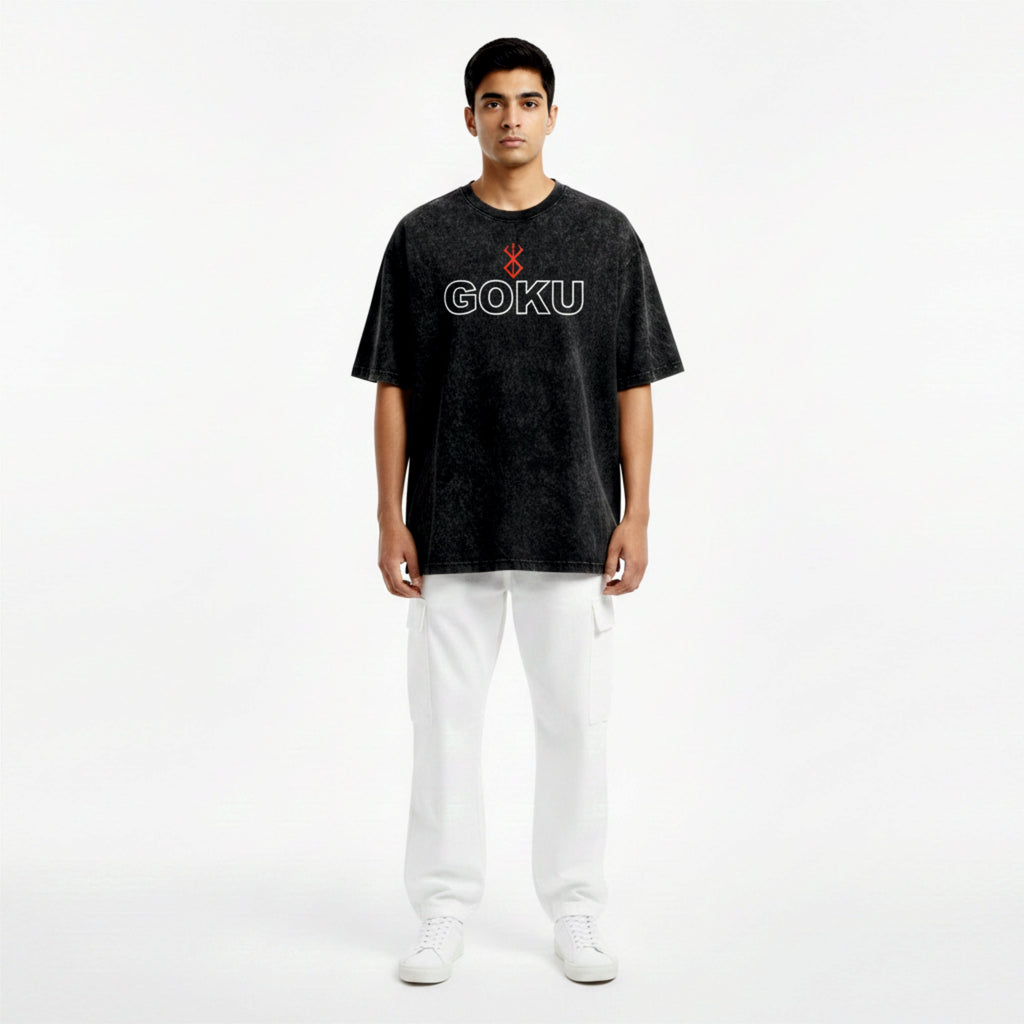 Person wearing a black t-shirt with 'GOKU' printed on it against a white background