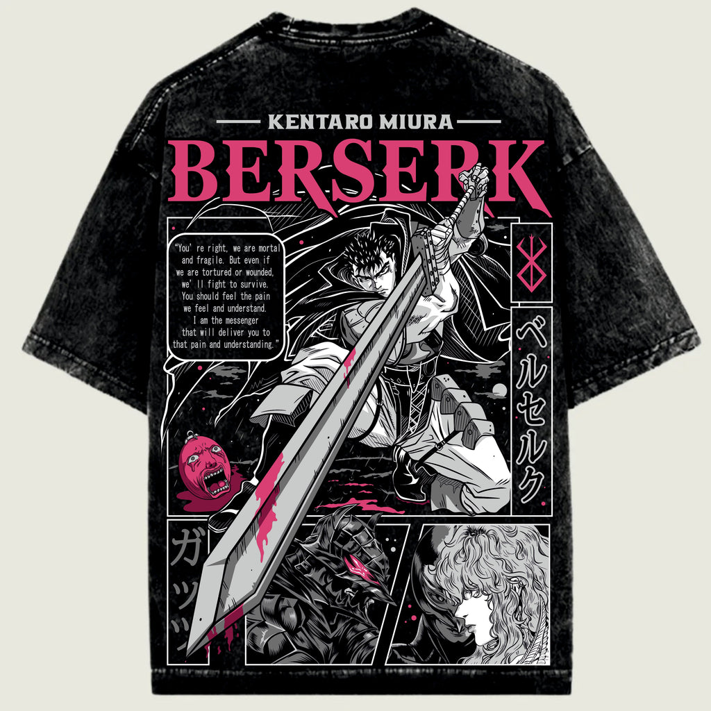 T-shirt with 'Berserk' graphic design featuring a character with a sword on a light.