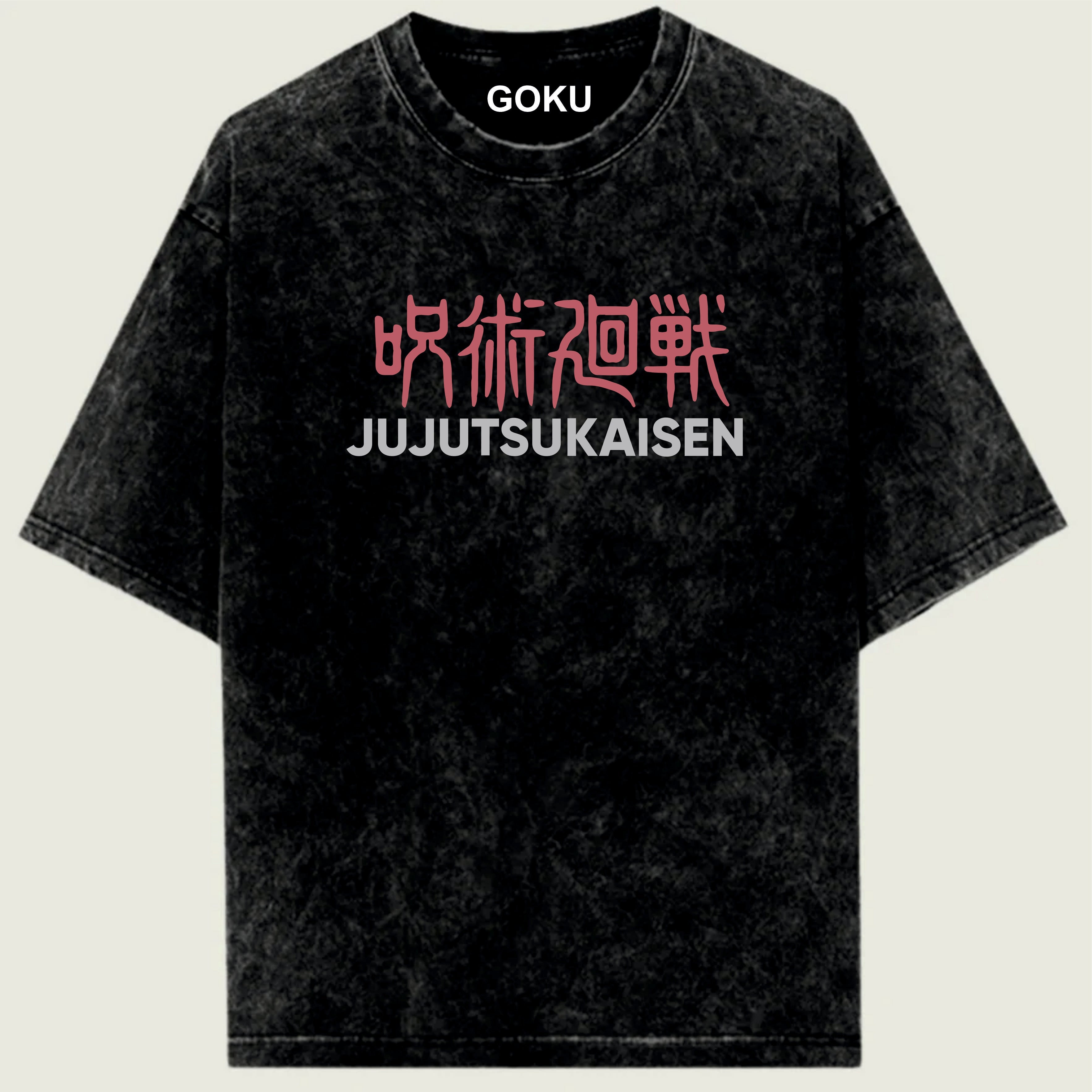 Black t-shirt with pink and white text