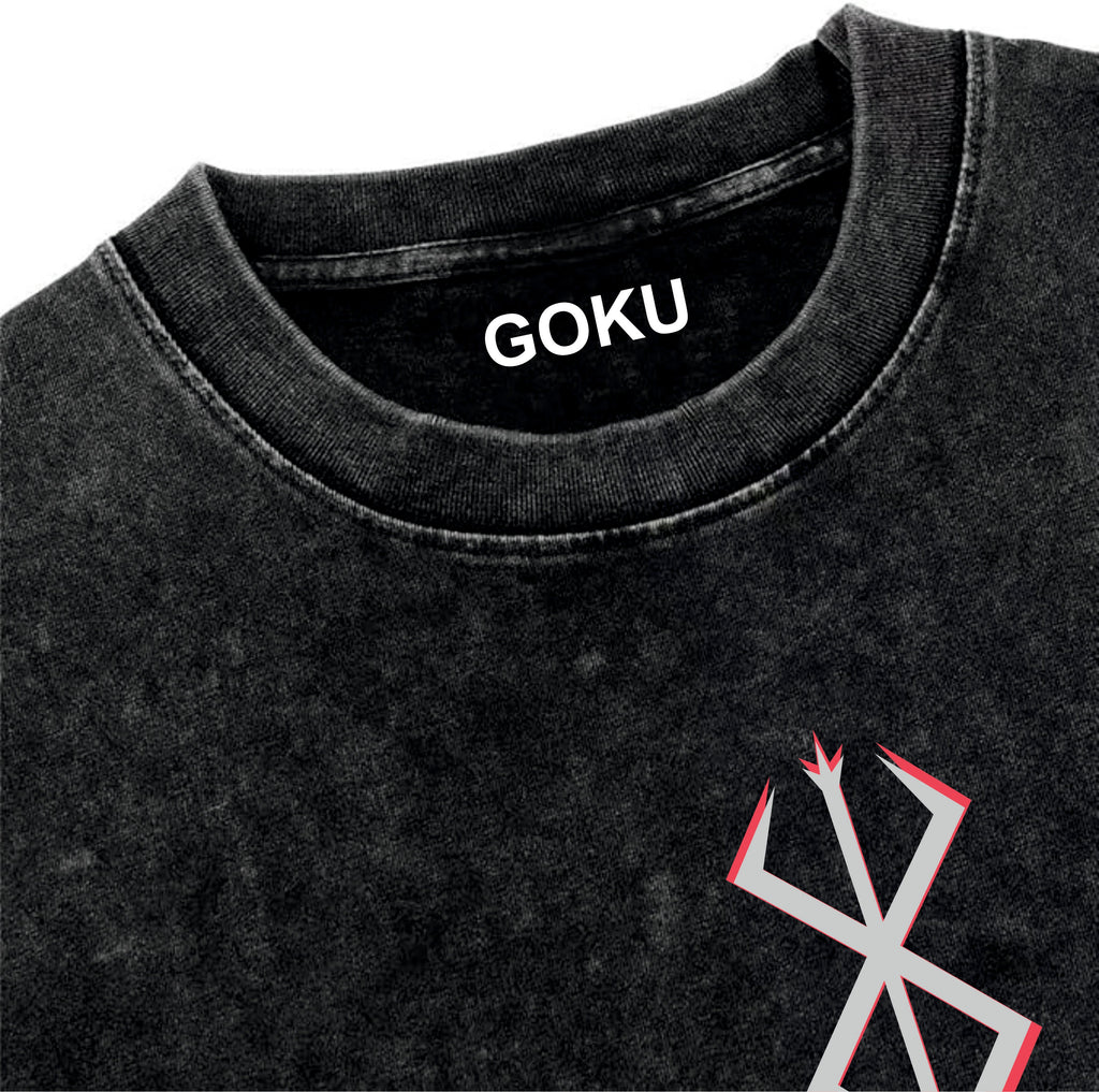 Black t-shirt with 'GOKU' printed on the collar and a symbol on the sleeve.