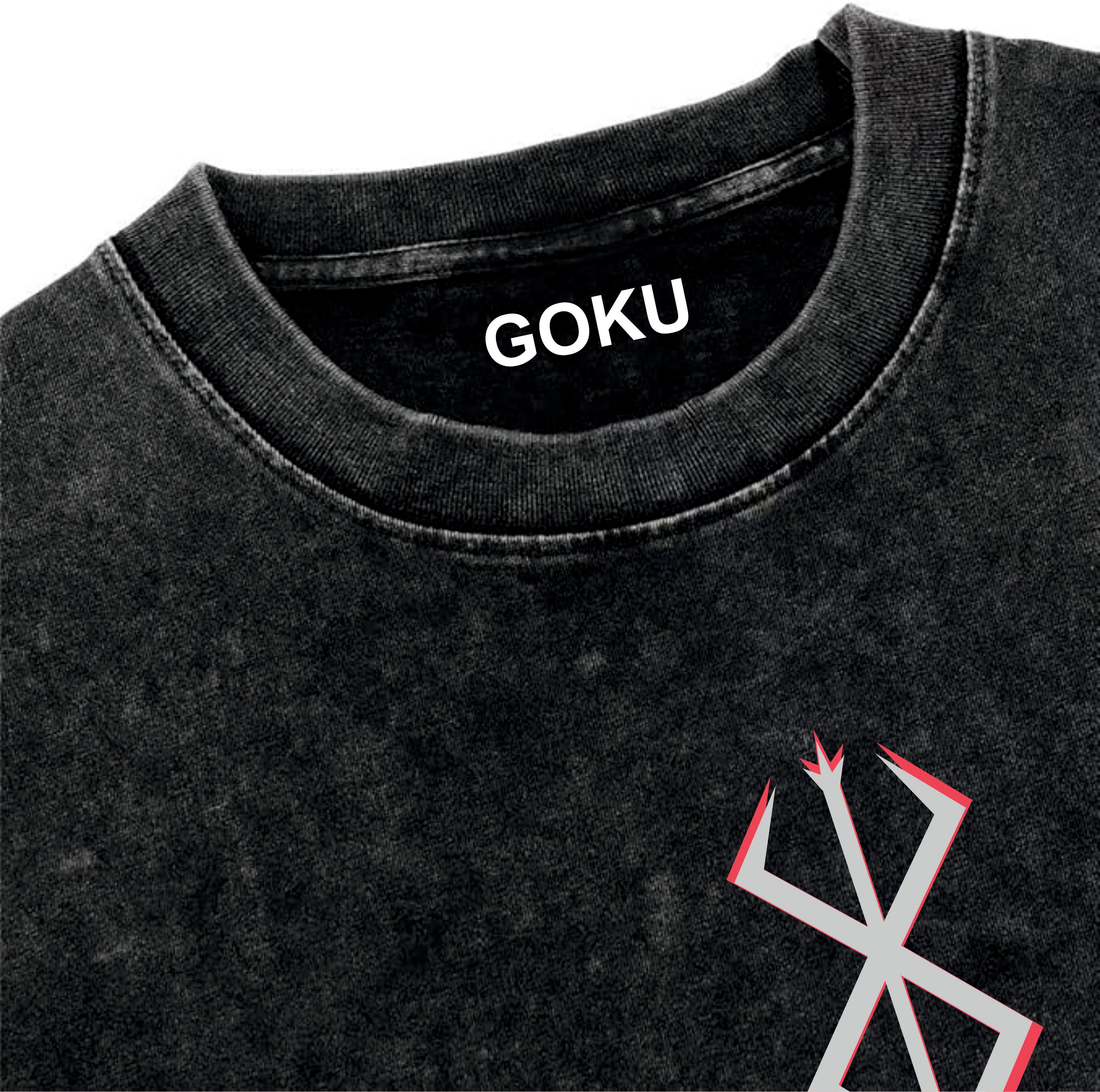 Black t-shirt with 'GOKU' printed on the collar and a symbol on the sleeve.