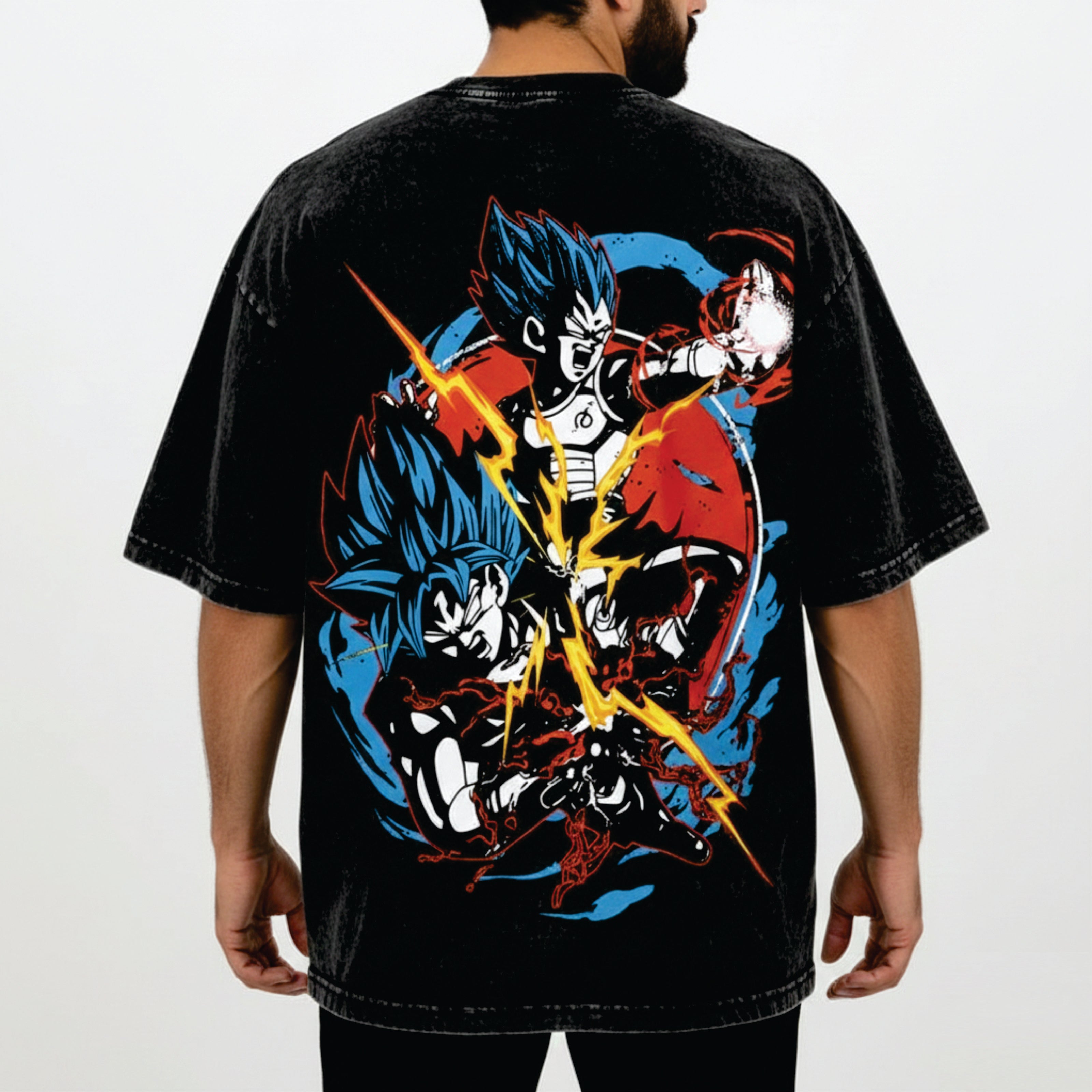 Black t-shirt with colorful graphic design on the back, featuring three characters in action poses.