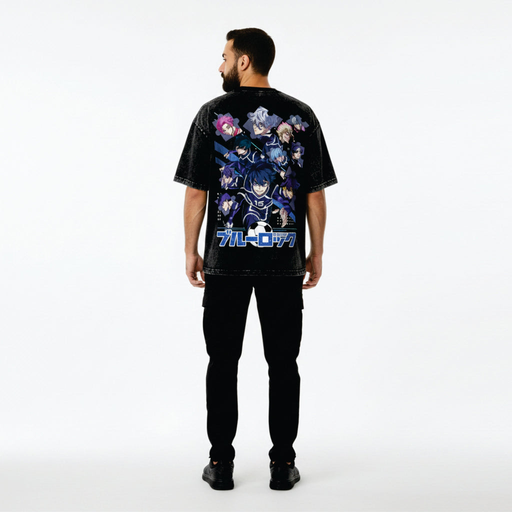 Person wearing a black t-shirt with colorful graphics on the back against a white background
