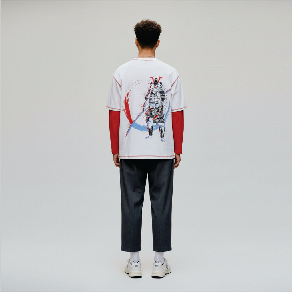 Person wearing a white t-shirt with a graphic design on a plain background