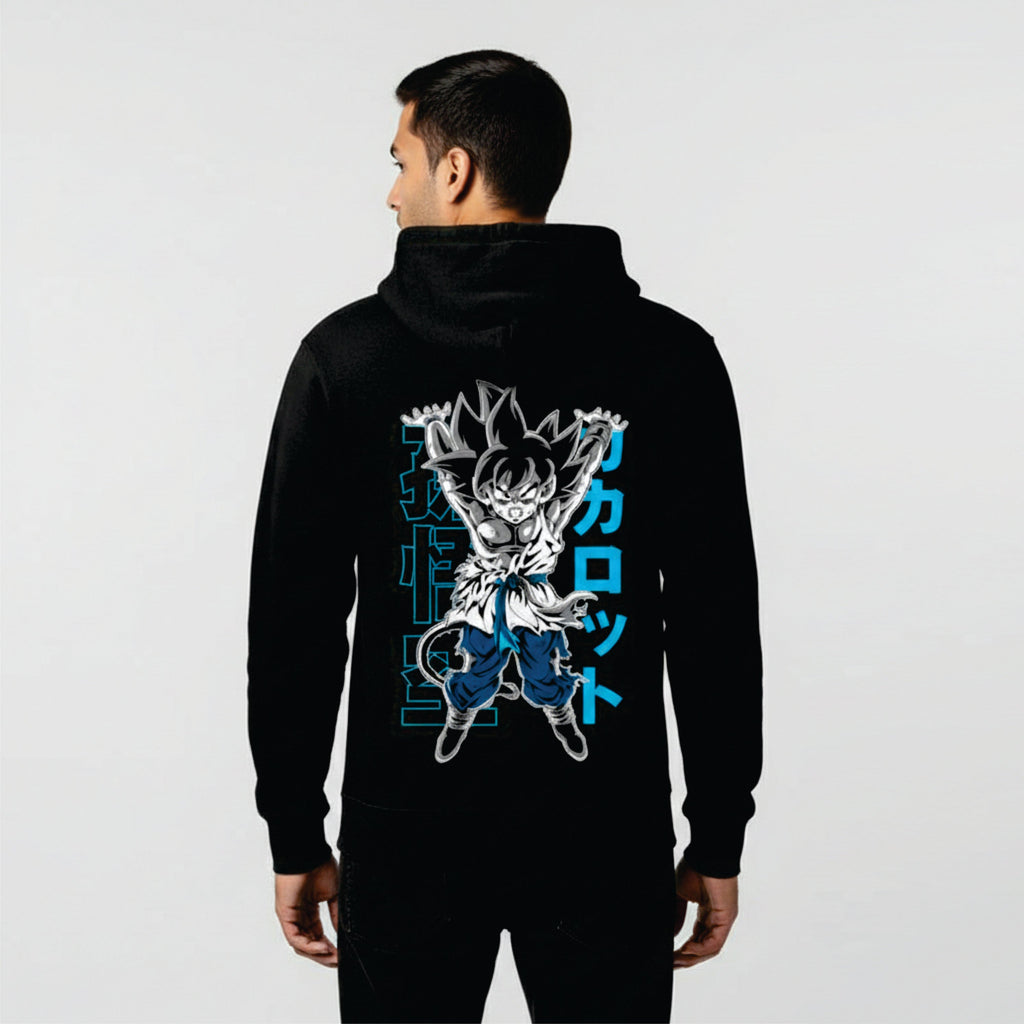 Person wearing a black hoodie with a graphic design on the back against a white background