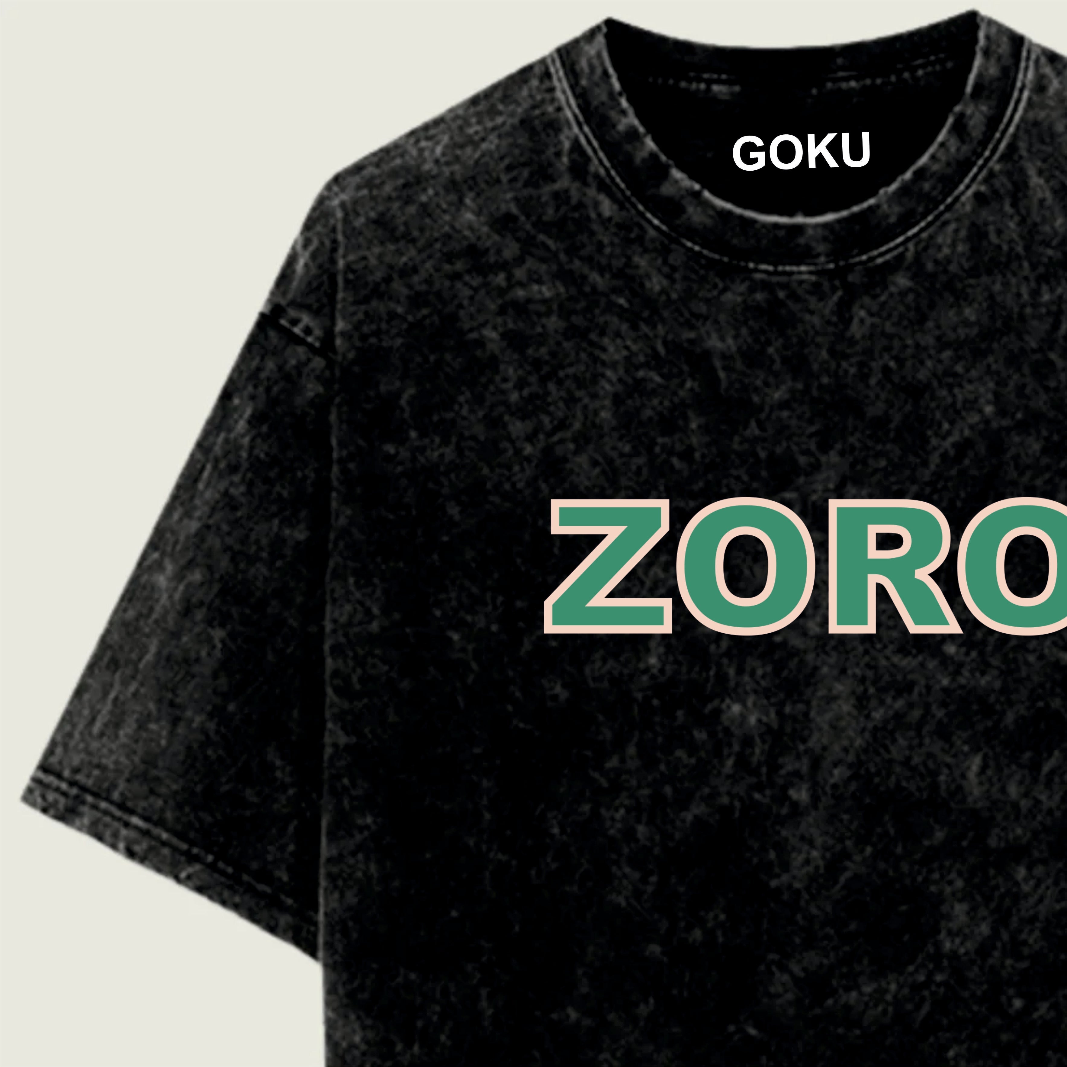 Black t-shirt with 'ZORO' printed in green on a light green background