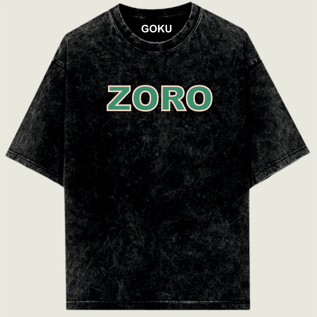 Black t-shirt with 'ZORO' printed in green on a beige background