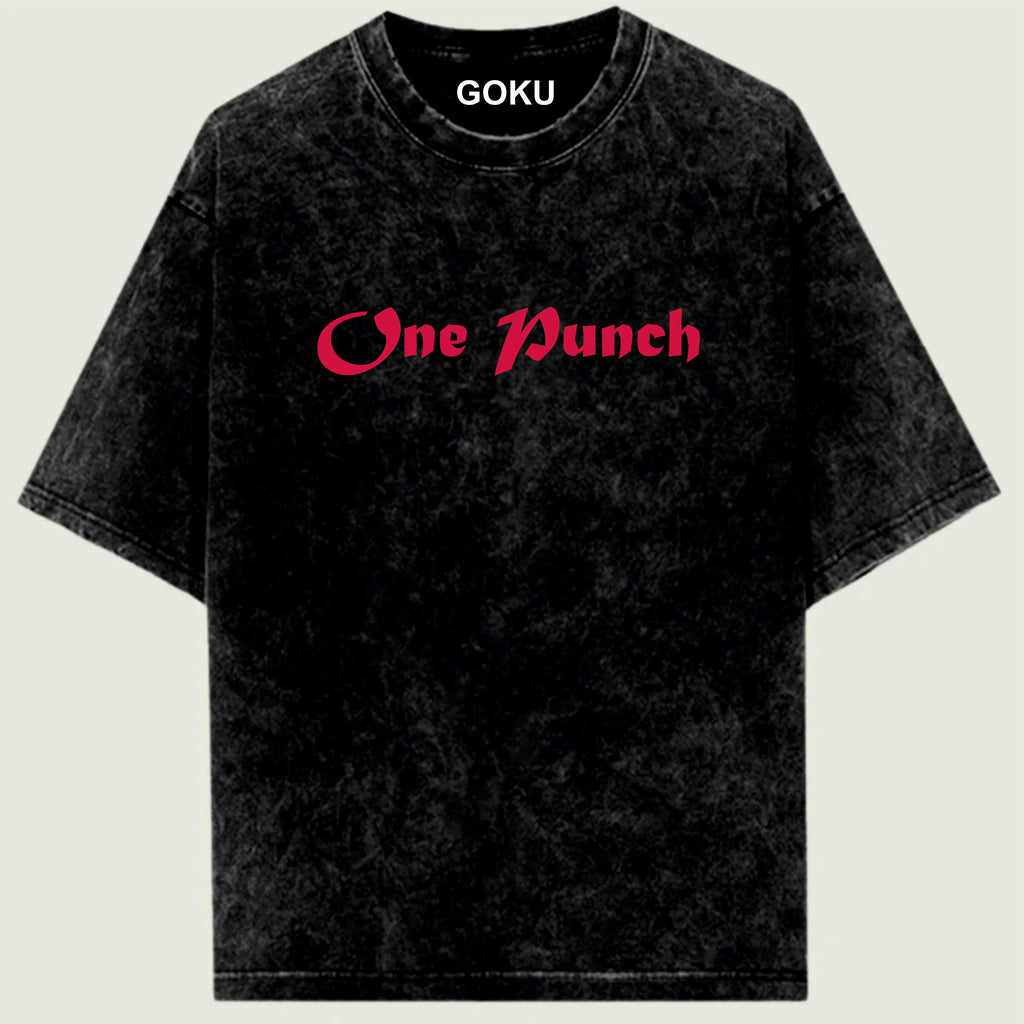 Black t-shirt with 'One Punch' in pink text on a beige background