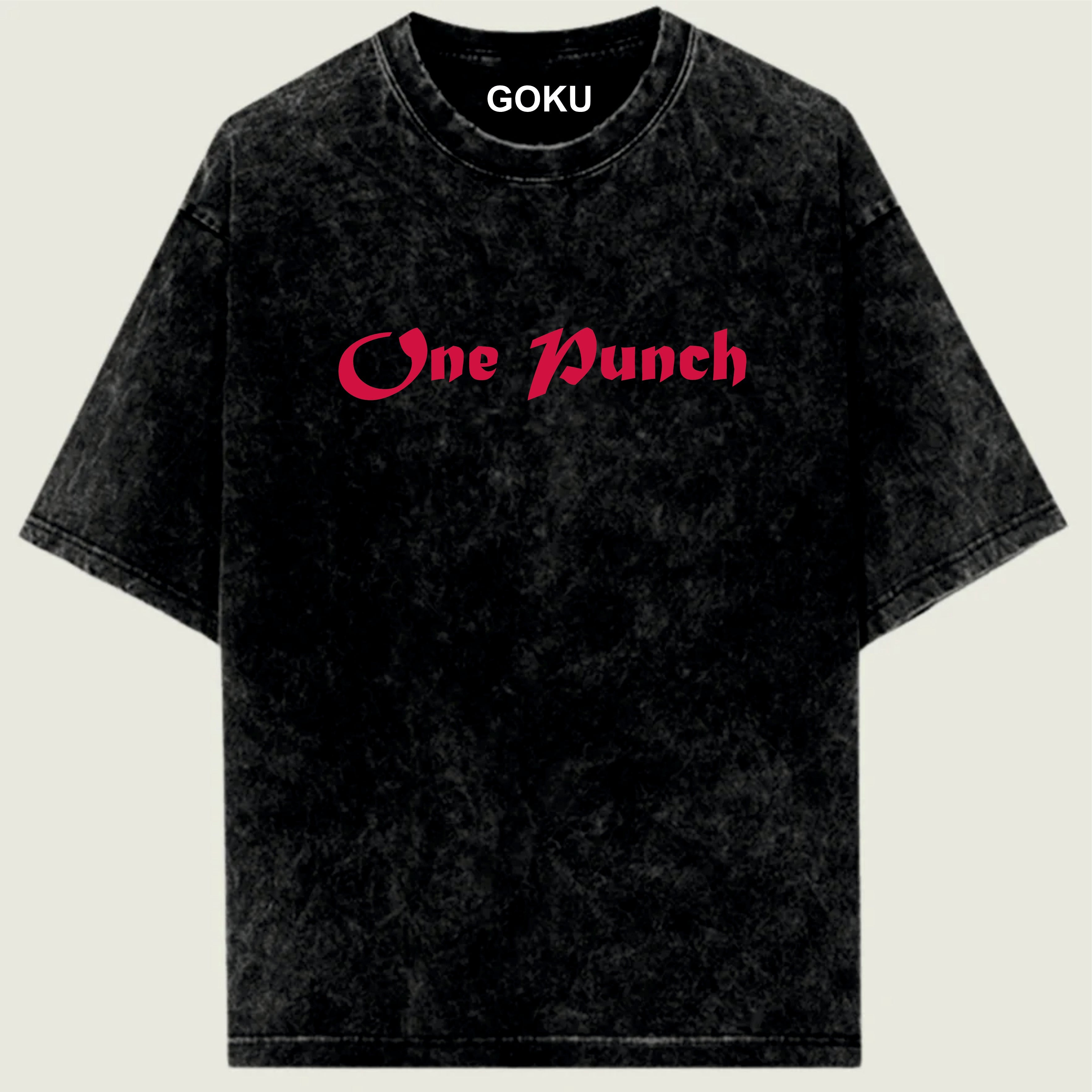Black t-shirt with 'One Punch' in pink text on a beige background