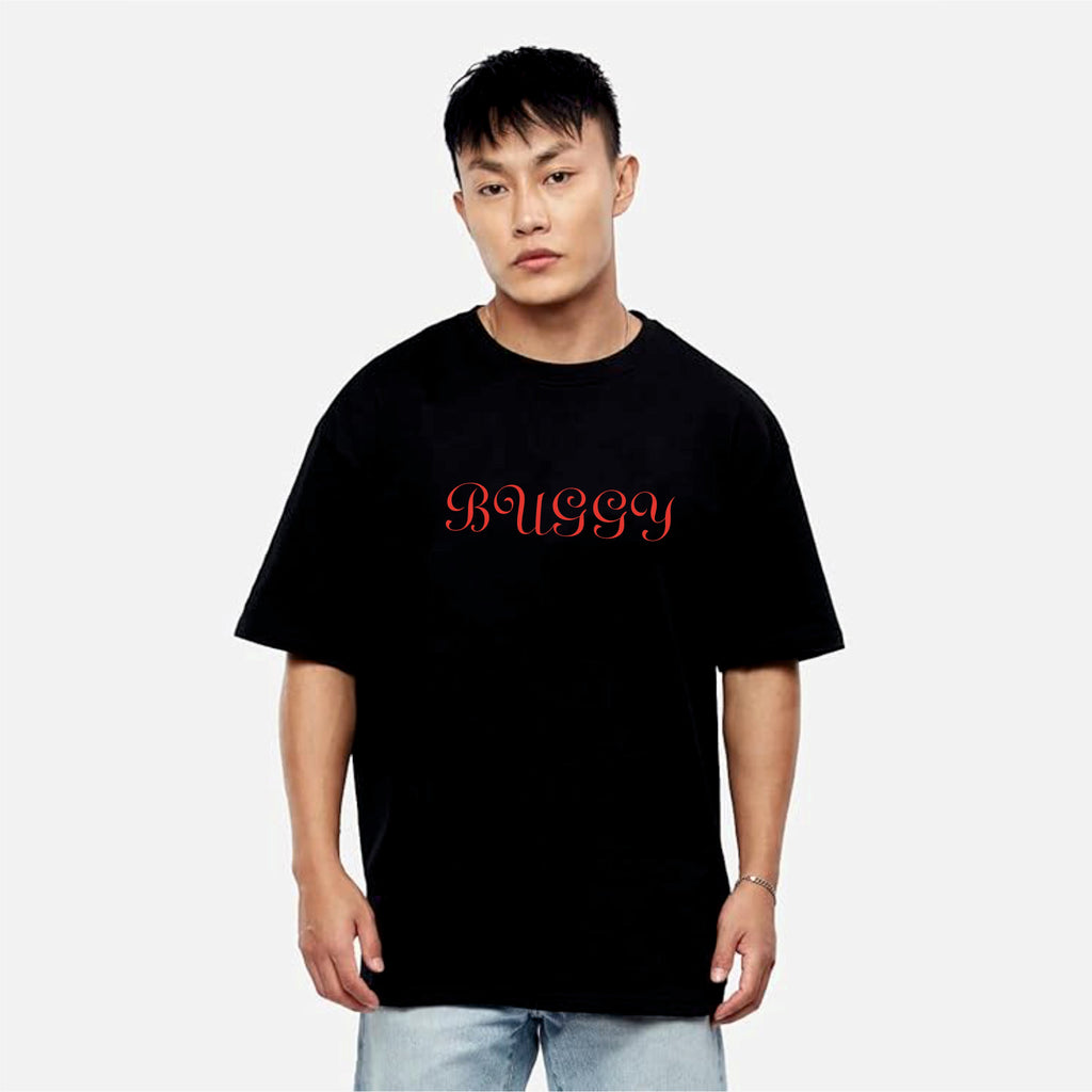 Person wearing a black t-shirt with 'BUGGY' printed in red