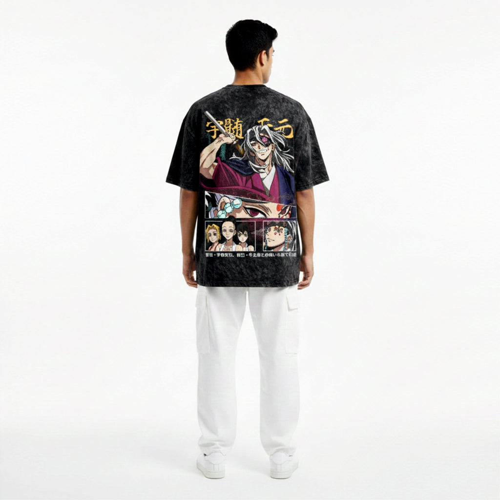 Person wearing a black t-shirt with colorful graphics and text on the back, standing against a white background.